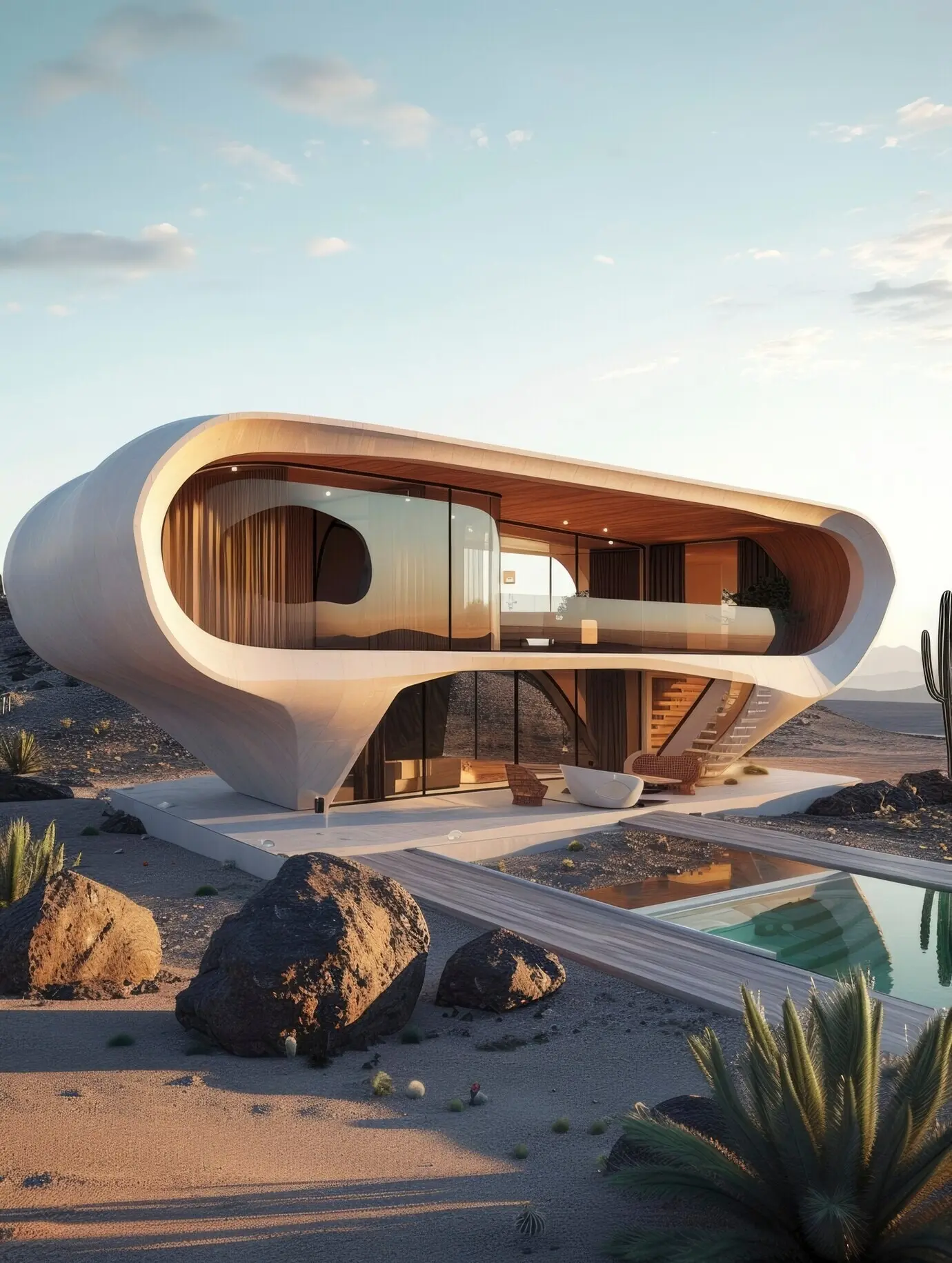 Nahtlose Einbettung eines futuristischen Gebäudes in die Wüstenlandschaft.